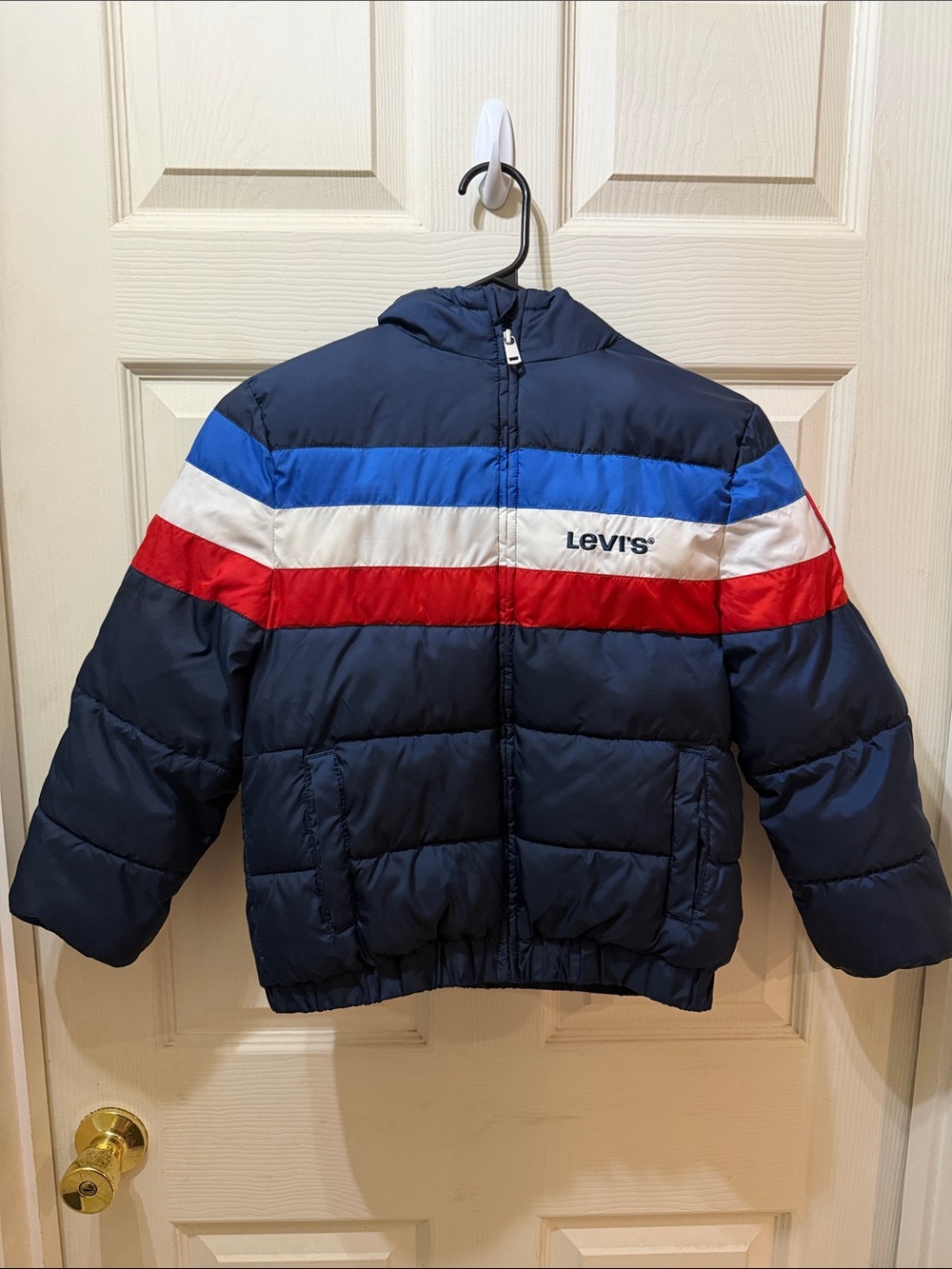 Levi's Navy Puffer Jacket with Blue, White & Red Stripes - Kids